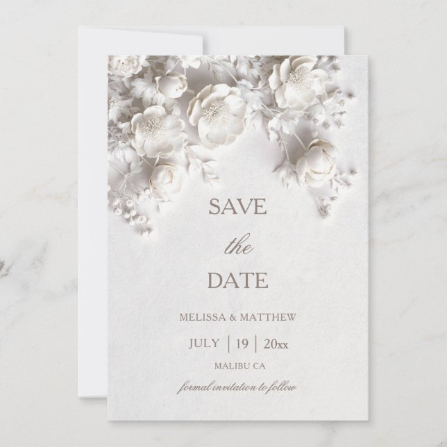 Save The Date 3D Roses White Sculptured Flowers (Devant)