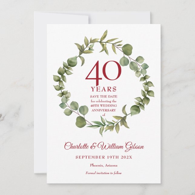 Save The Date 40e anniversaire de mariage rubis Woodland Greener (Devant)
