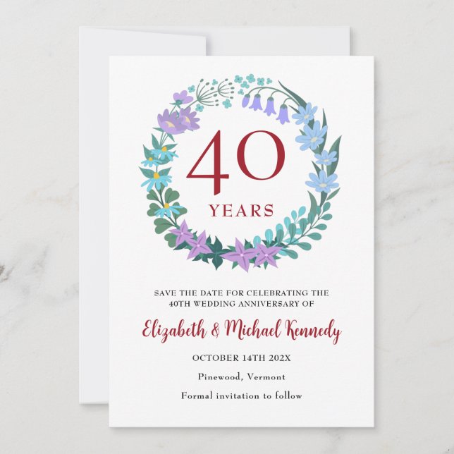 Save The Date 40e anniversaire Ruby Floral Wreath (Devant)