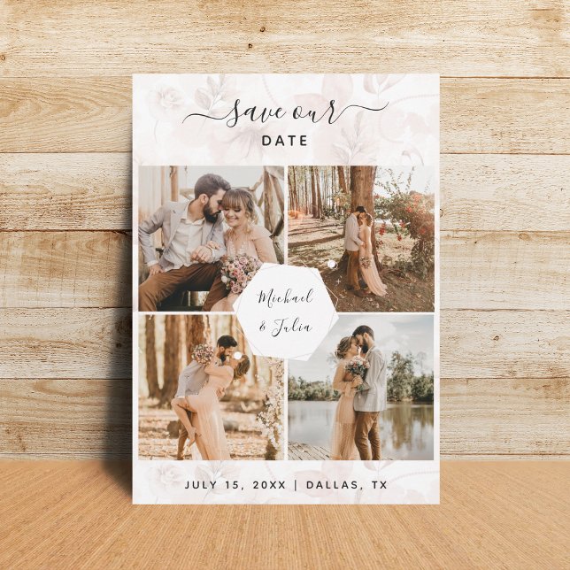 Save The Date 4 Photo Couple Collage & Mariage floral rose (Créateur téléchargé)