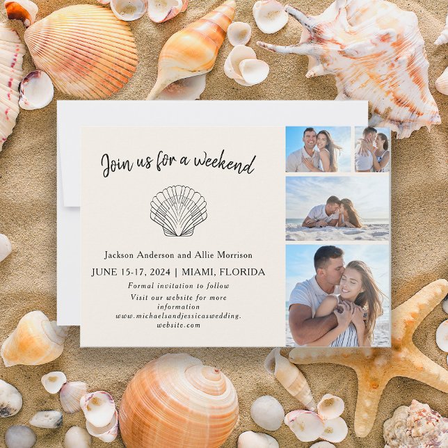 Save The Date 4 Photo Plage Coquillage Mariage de Destination (4-photo beach wedding Save the Date card)