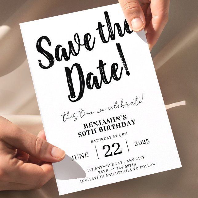 Save the Date 50. Geburtstag Einladung (50th Birthday Save the Date, Minimal Black and White Invitation, Modern Birthday Invite, Editable Bi)