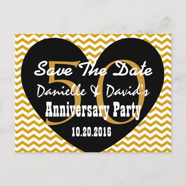 Save the Date 50 Jahre GOLD BLACK Heart V3 Ankündigungspostkarte (Vorderseite)