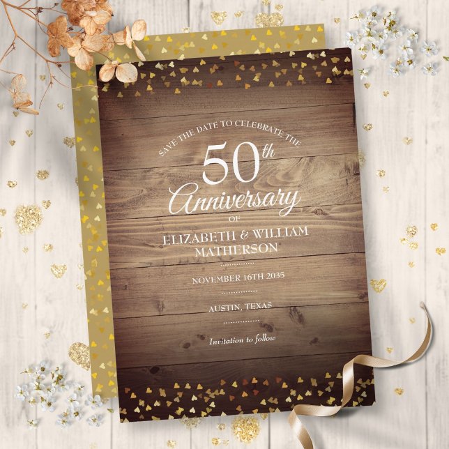 Save the Date 50 Jahre Rustikales Goldenes Herz Einladung (Save the Date 50th Anniversary Rustic Gold Hearts Invitation)