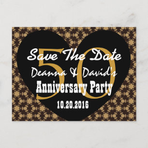 Save the Date 50-jähriges GOLD BLACK Heart V1 Ankündigungspostkarte
