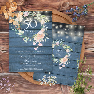 Save The Date 50e Anniversaire Bleu Rustique Flore Lumières