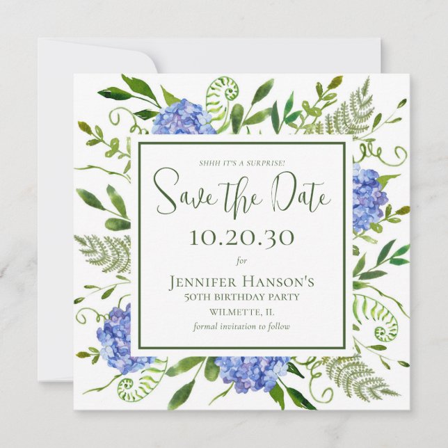 Save The Date 50e anniversaire Blue Hydrangeas Surprise Party (Devant)
