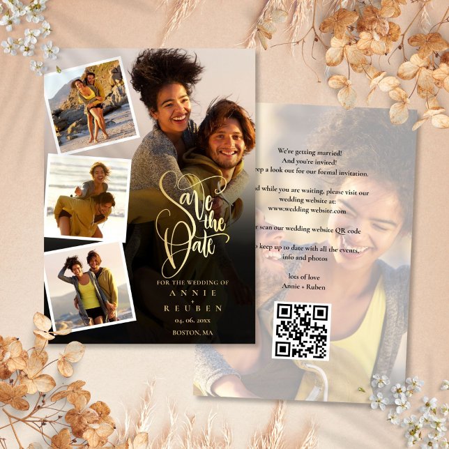Save The Date 5 Photo Collage Mariage Gold Script QR Code (5 Photo Collage Wedding Gold Script QR Code Save The Date)