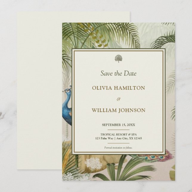 Save The Date 5x7 ivoire Tropical Peacock Palm Mariage (Devant / Derrière)