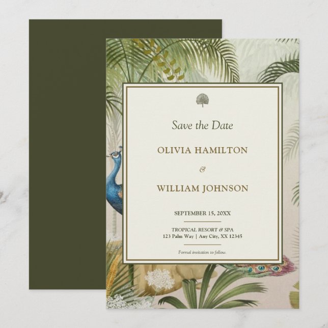 Save The Date 5x7 Olive Green Tropical Peacock Palm Mariage (Devant / Derrière)