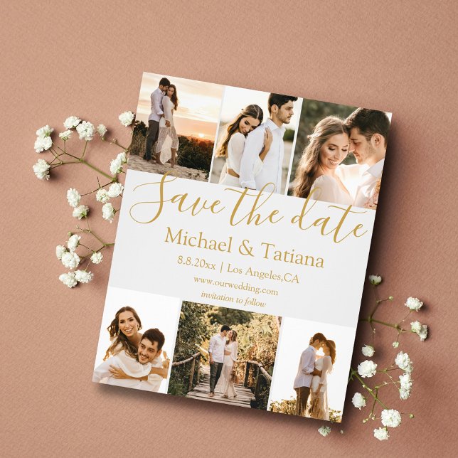 Save the Date 6 Fotos Collage Hochzeit golden Flyer (Von Creator hochgeladen)
