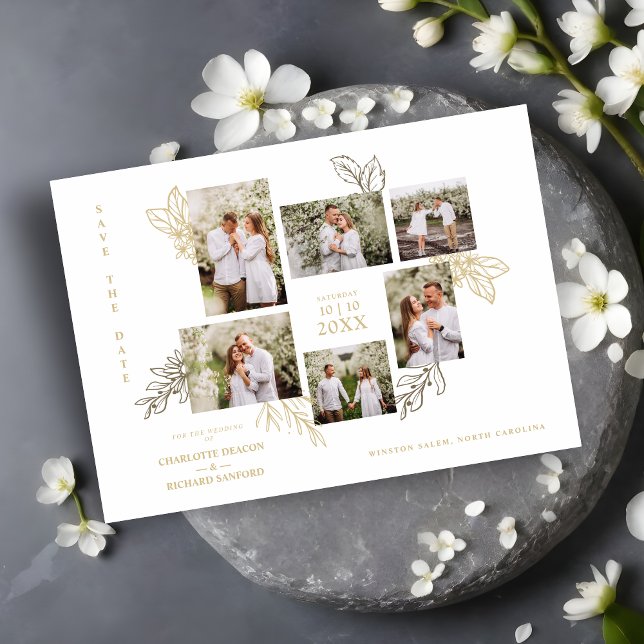 Save The Date 6 Photos Collage Wedding Botanical Branches Frame  (6 Photos Collage Wedding Botanical Branches Frame Save the Date Card with Envelope.)