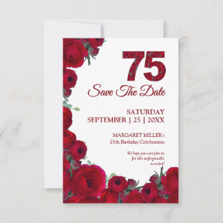 Save The Date 75 Ans Élégant Fleurs Rouges Gras 75e Anniversaire
