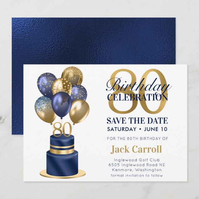 Save The Date 80e anniversaire Marine Blue Balloon Cake (Devant / Derrière)