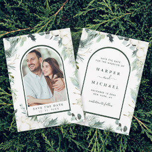Save The Date À feuillage persistant & Fleurs de Coton Arch Phot