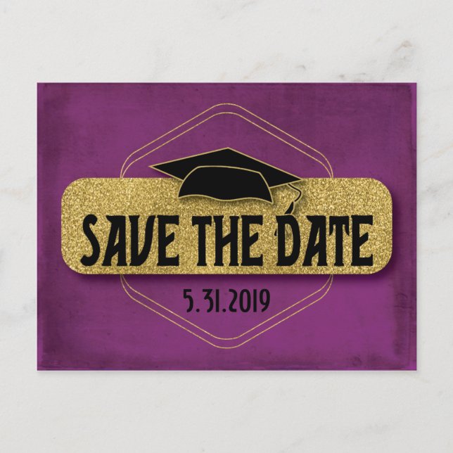 Save the Date Abschluss Modernes Lila Gold Postkarte (Vorderseite)