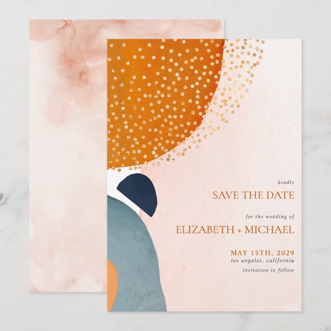 Save The Date Abstrait Blush Pink Navy Blue Terracotta Mariage (Devant / Derrière)