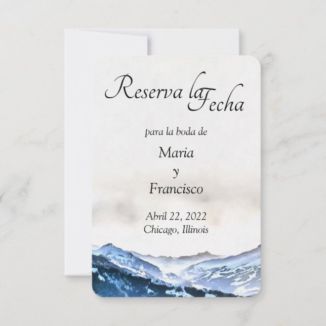 Save The Date Acuarela de Montaña Brumosa Azul Reserva la Fecha (Devant)