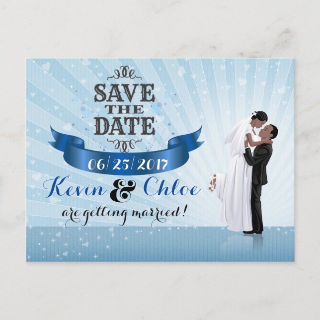 Save the Date (Afroamerikanisches Paar) Ankündigungspostkarte (Vorderseite)