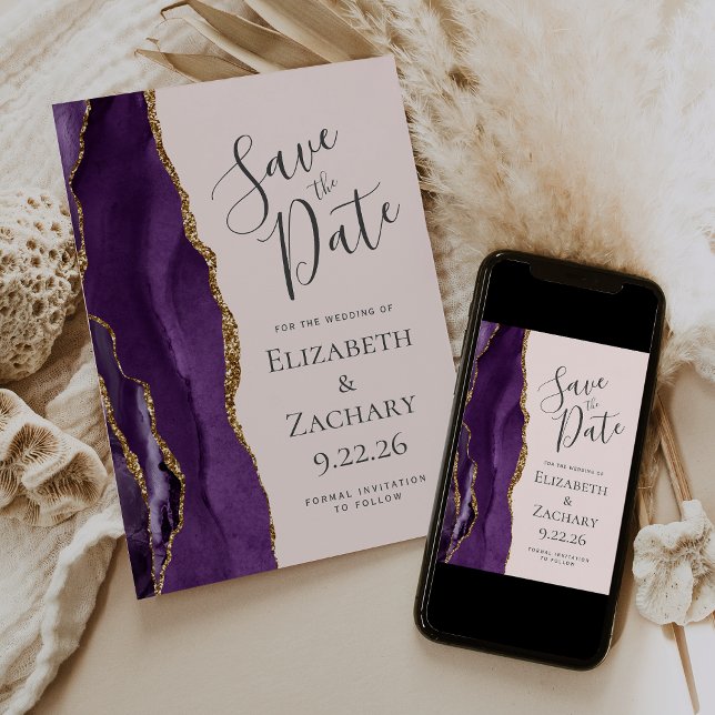 Save The Date Agate doré violet moderne rose vif Enregistrer la  (Créateur téléchargé)