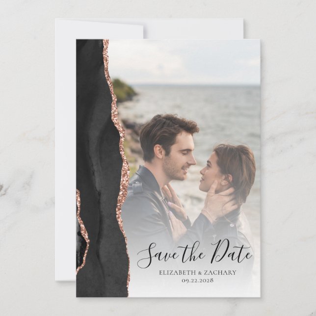 Save The Date Agate photo moderne Black Rose Gold Enregistrer la (Devant)