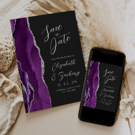 Save The Date Agate Purple Silver Script Mariage foncé Suite