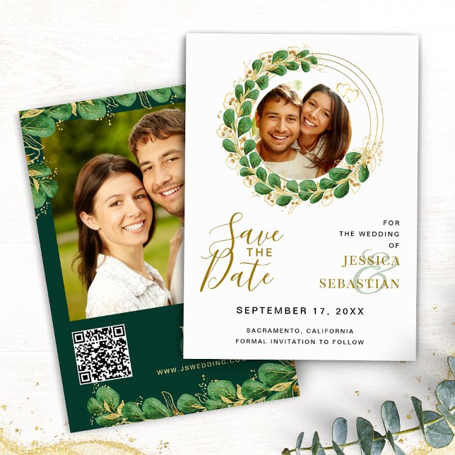 Save The Date Ajouter QR Code Photo White Emerald & Gold Elegant (Créateur téléchargé)