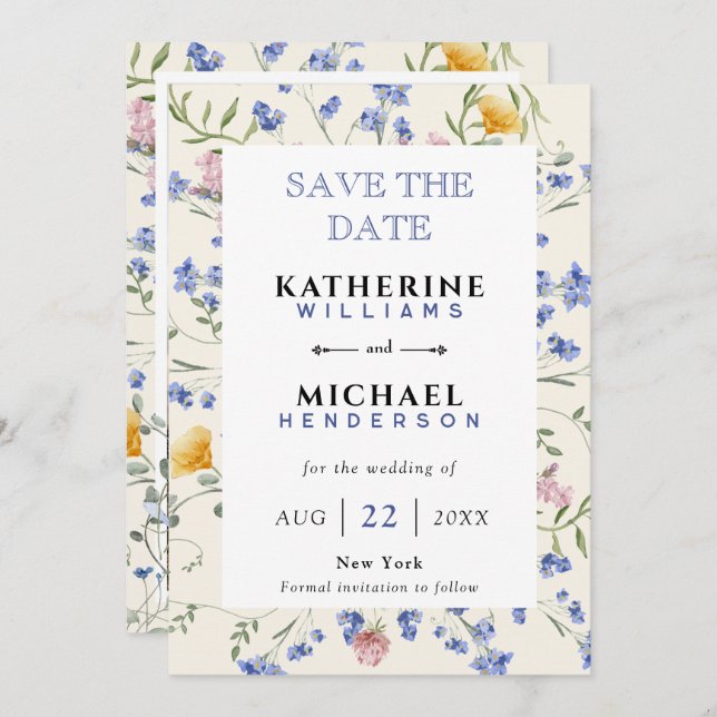 Save The Date Ajouter une image & Fleurs des champs aquarelle ma (Devant / Derrière)