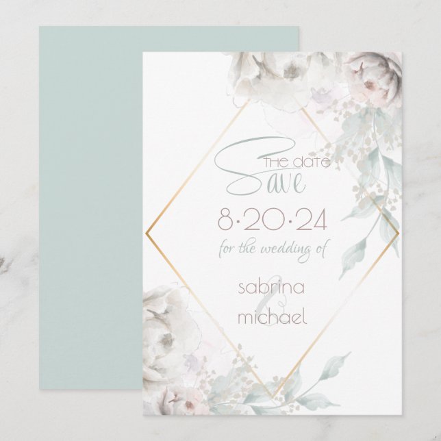 Save The Date | Alabaster White Watercolor Peoning (Vorne/Hinten)