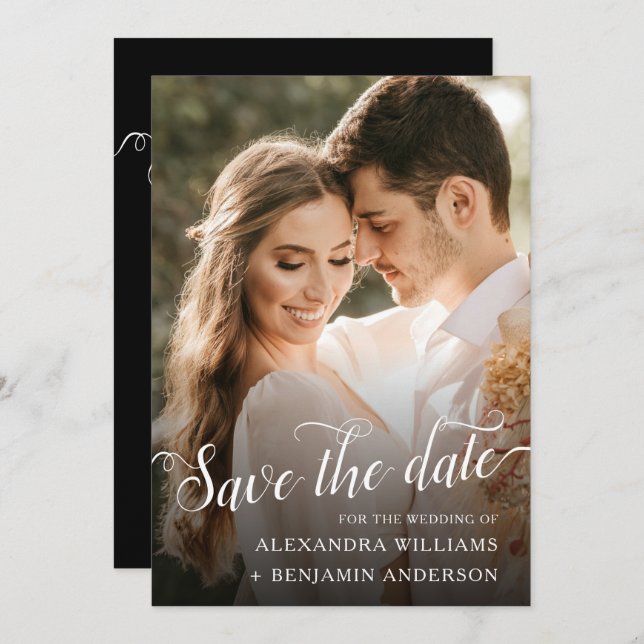Save The Date Alexandra Elegant noir blanc Script photo (Devant / Derrière)