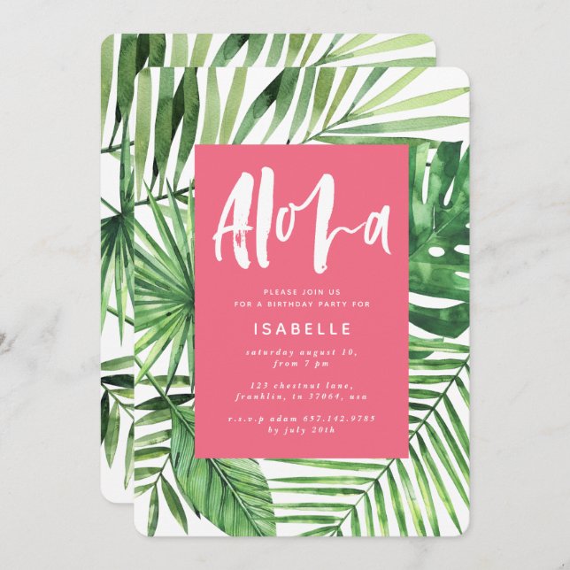 Save The Date Aloha palme tropicale & script rose girly annivers (Devant / Derrière)