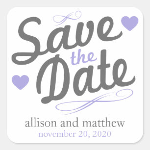 Save the Date altmodische Labels (grau / Lila) Quadratischer Aufkleber