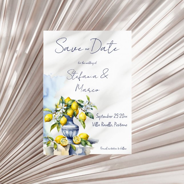 Save The Date Amalfi Vase bleu italien avec citrons (Amalfi Italian blue ceramic vase with lemons wedding Save The Date card editable template download)