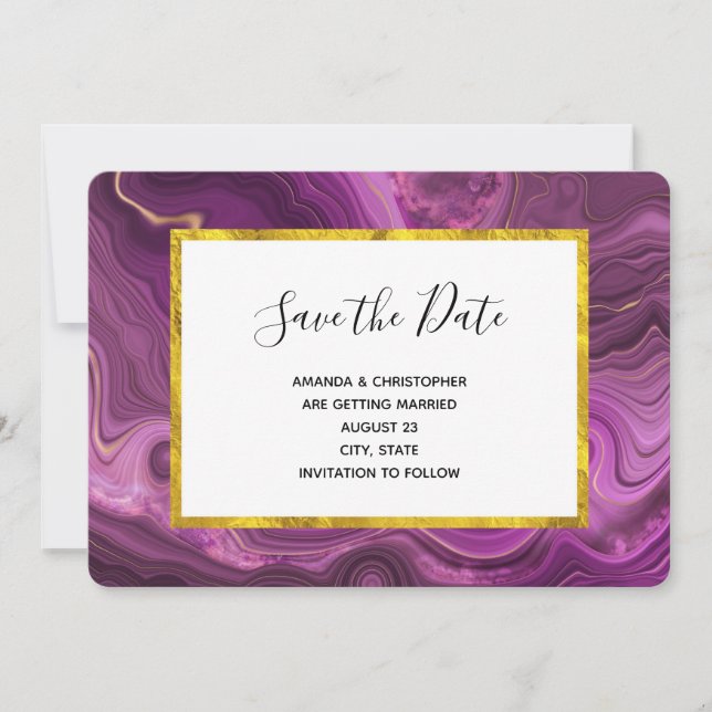 Save The Date Améthyste Violet Et Or Abstrait Agate Mariage Sa (Devant)