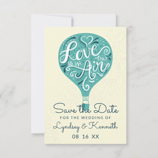Save The Date Amour Lettré main Turquoise Aqua Green Hot Air Bal (Devant)