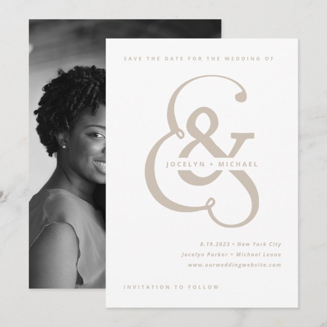 Save The Date Ampersand lunaire | Retour photo blanc et beige (Devant / Derrière)