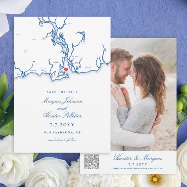 Save The Date Ancien Saybrook CT Map Code QR Mariage (Old Saybrook CT Wedding Map Save the date with QR code in elegant navy blue from Coastal Map Designs)