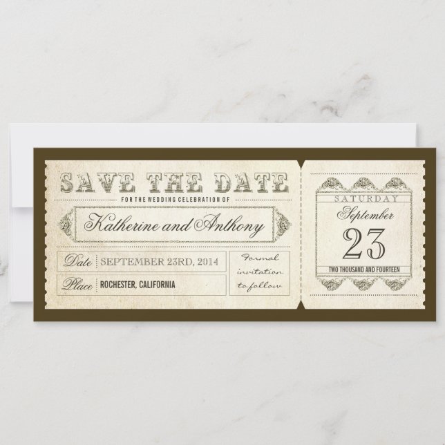 Save The Date ancien vintage enregistrer le ticket de date (Devant)