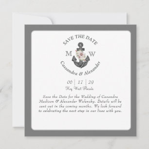 Save The Date Ancre Florale Blanc Gris Argenté Mariage Nautique 