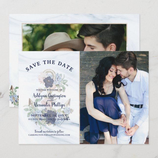 Save The Date Ancre florale élégant Nautique Mariage photo de la (Devant / Derrière)
