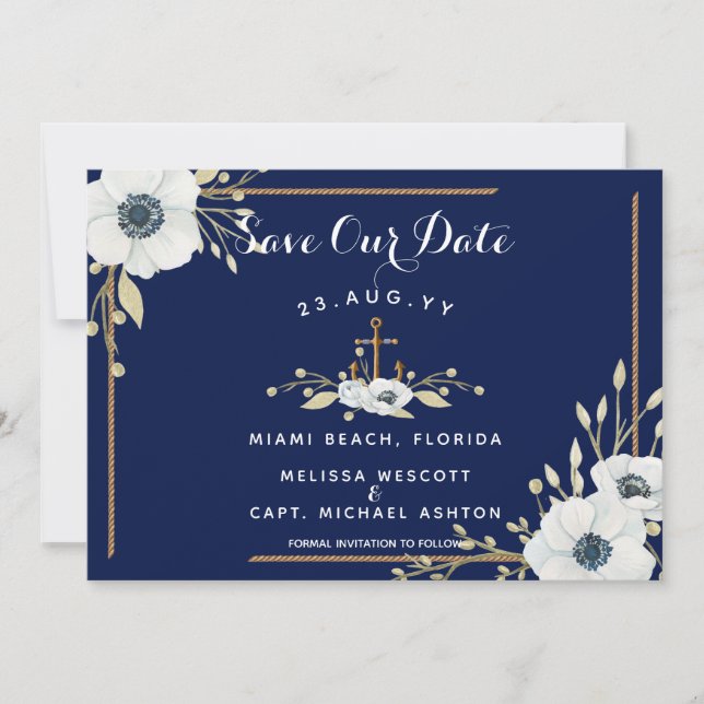 Save The Date Ancre marine bleu et blanc anémone Mariage nautiqu (Devant)
