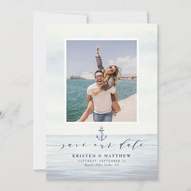 Save The Date Ancre nautique Aquarelle Océan Photo (Devant)