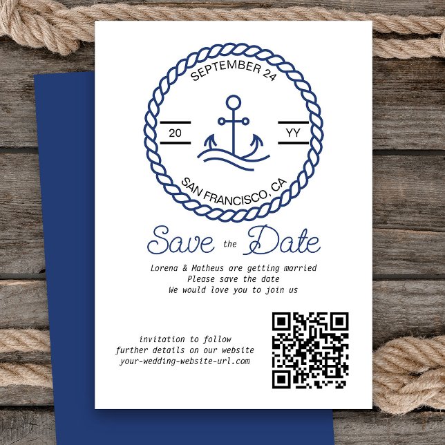 Save The Date Ancre Nautique Code QR Mariage Enregistrer La Cart (Nautical Wedding Save the Date Card with QR Code)