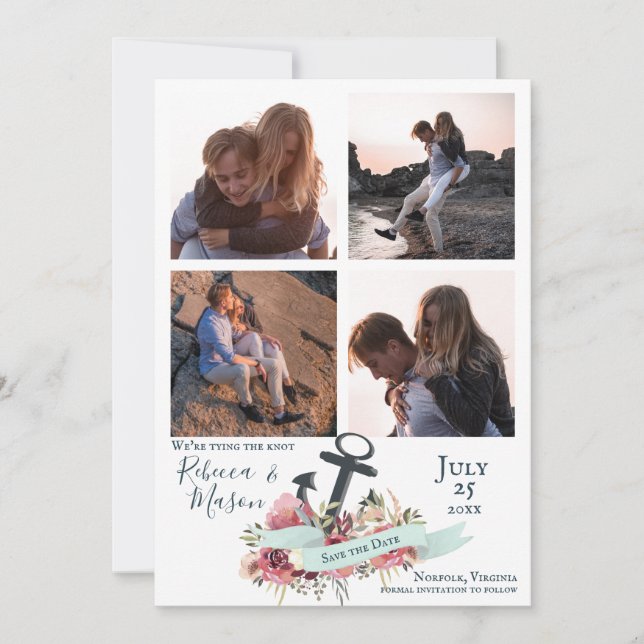 Save The Date Ancre nautique Floral Beach Wedding Multi Photo (Devant)
