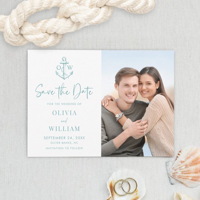 Save The Date Ancre nautique Monogram Aqua Blue Mariage Photo (Créateur téléchargé)