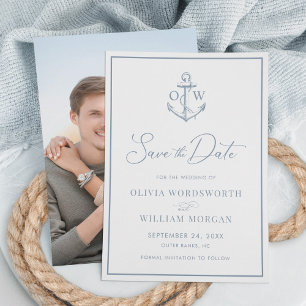 Save The Date Ancre nautique Monogramme Dusty Mariage bleu