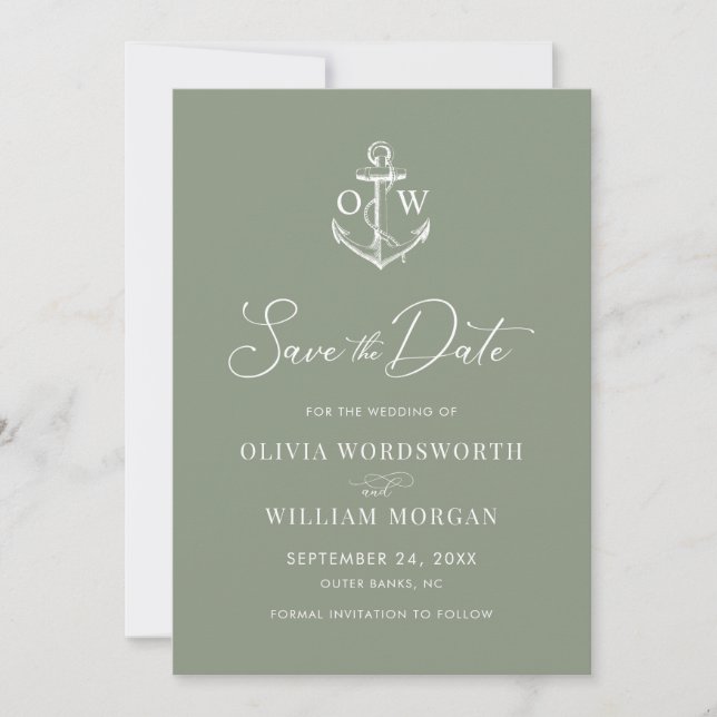 Save The Date Ancre nautique Monogramme Sage Mariage vert (Devant)