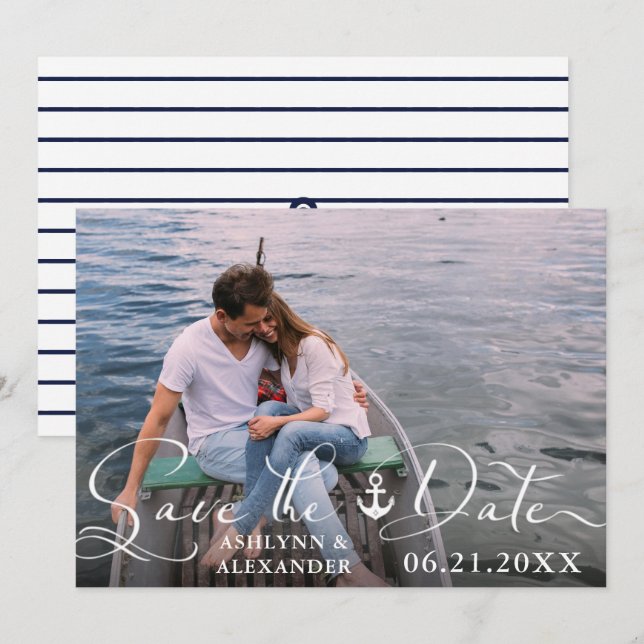 Save The Date Ancre nautique Typographie de script photo Marine  (Devant / Derrière)