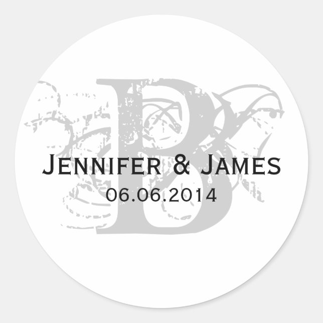 Save the Date Anfangsname Hochzeitsticker Grau Runder Aufkleber (Vorderseite)