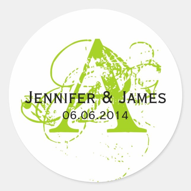 Save the Date Anfangsnamen Hochzeitsticker Grün Runder Aufkleber (Vorderseite)